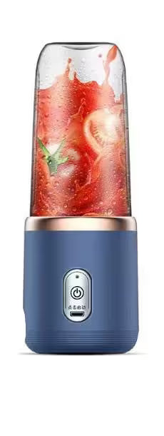 Blue portable blender with a red smoothie inside on a white background