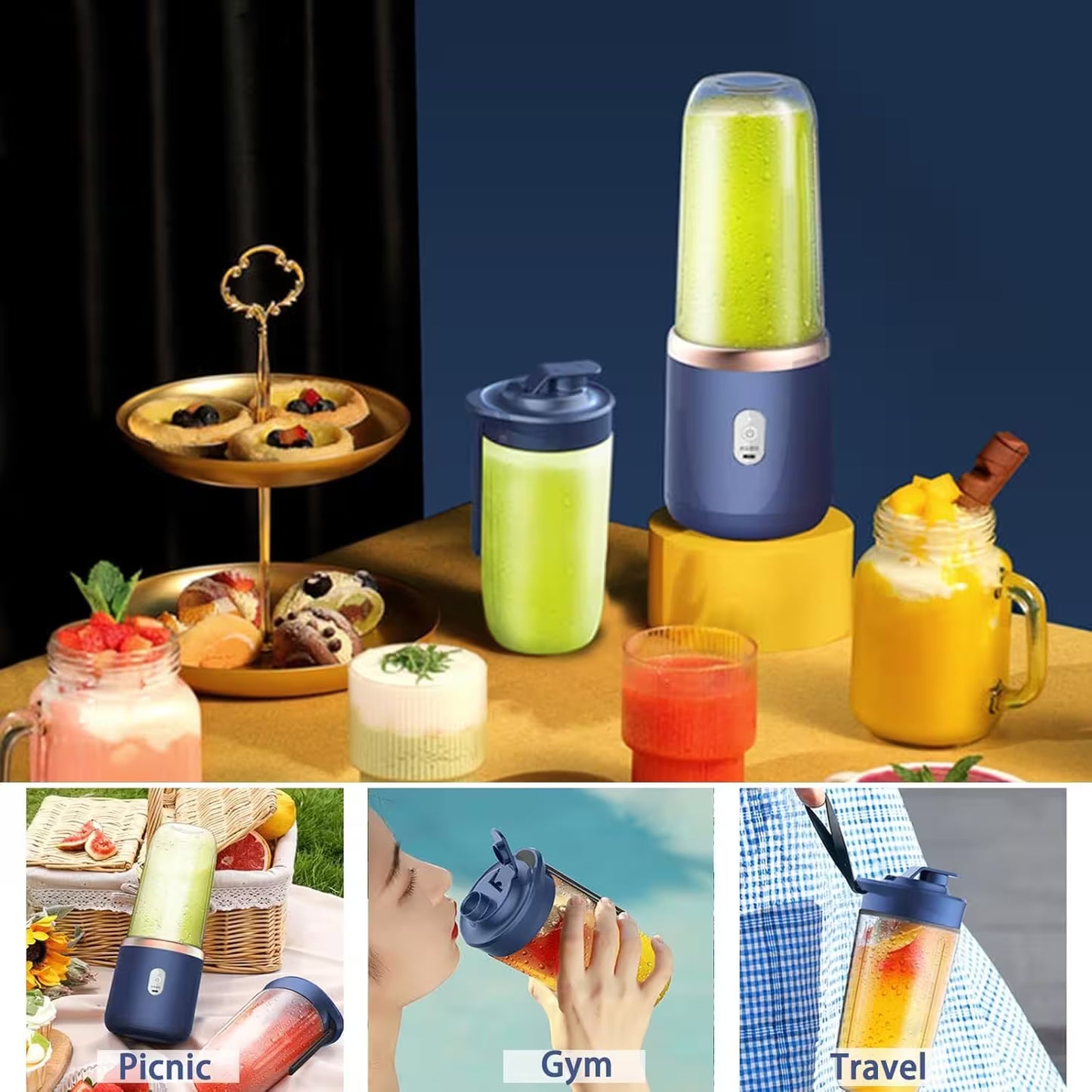 Collage of a portable blender with various uses including picnic, gym, and travel.