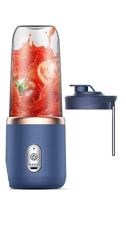 Blue portable blender with a red smoothie inside on a white background