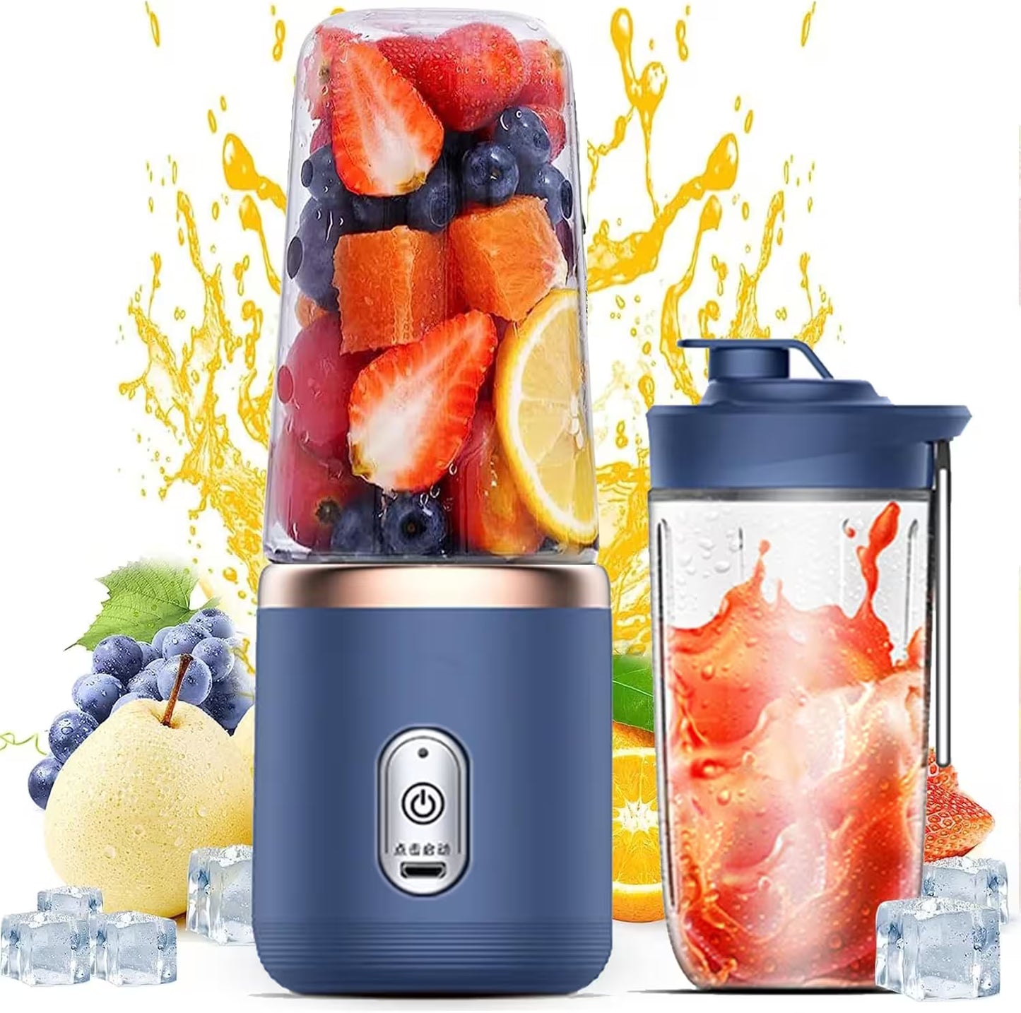 Blue portable blender with fruits and a blended fruit juice on a white background