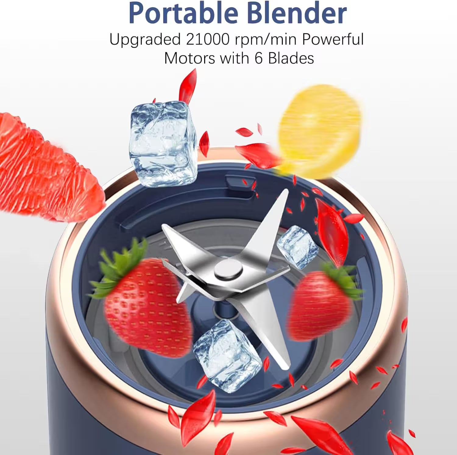 Portable blender with ingredients like strawberries, ice cubes, and a yellow fruit on a white background.