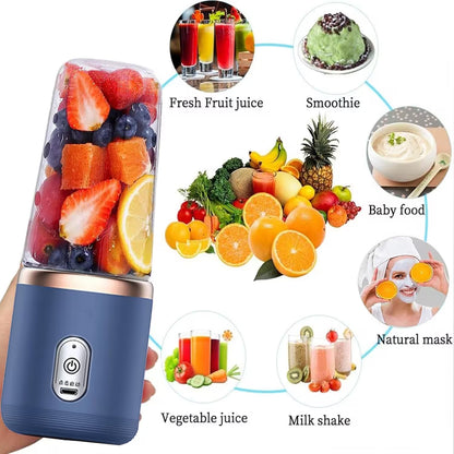 Portable blender with fruits and images of various drinks and foods