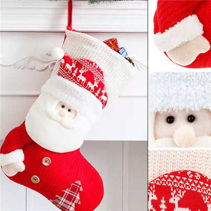 Knitted Santa Claus decoration with red and white pattern on a white background