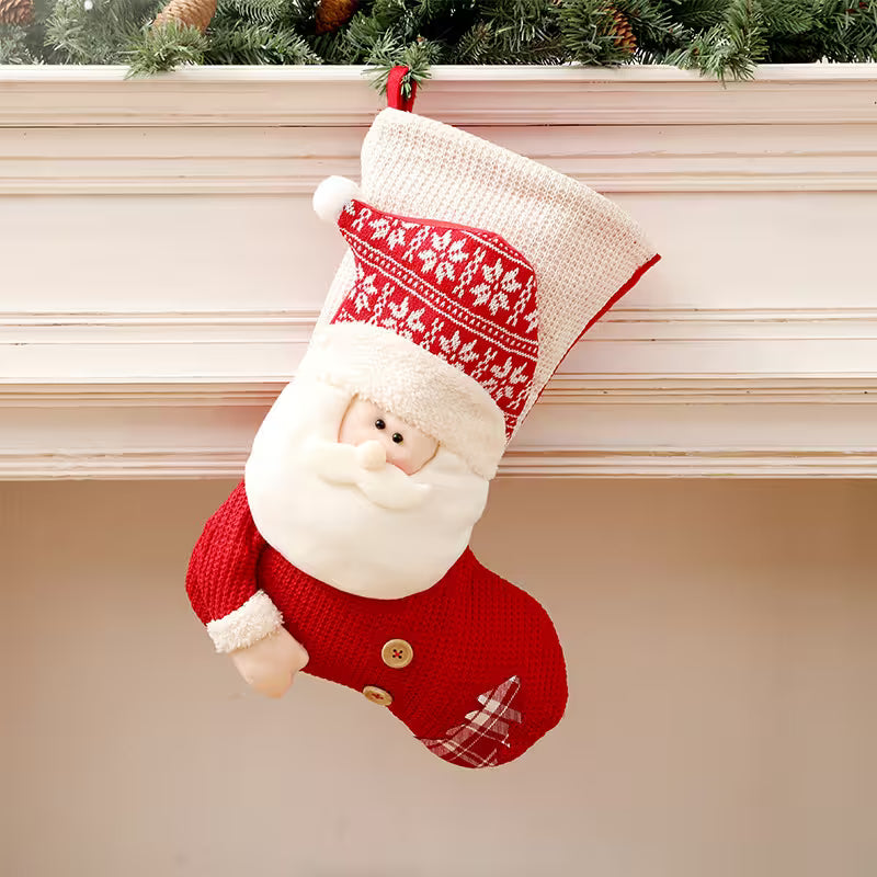 Christmas stocking with Santa Claus design hanging on a fireplace mantle.