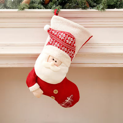 Christmas stocking with Santa Claus design hanging on a fireplace mantle.