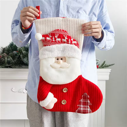 Person holding a Santa Claus-themed Christmas stocking with a festive background.