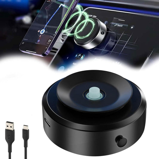 Black circular device with USB cables, smartphone displaying music app, and car dashboard in the background.