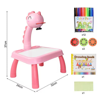 Pink dinosaur-shaped children's desk with coloring supplies on a white background