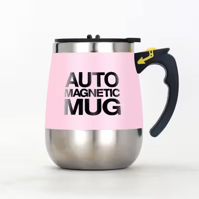 Pink-auto magnetic mug with black text on a white background