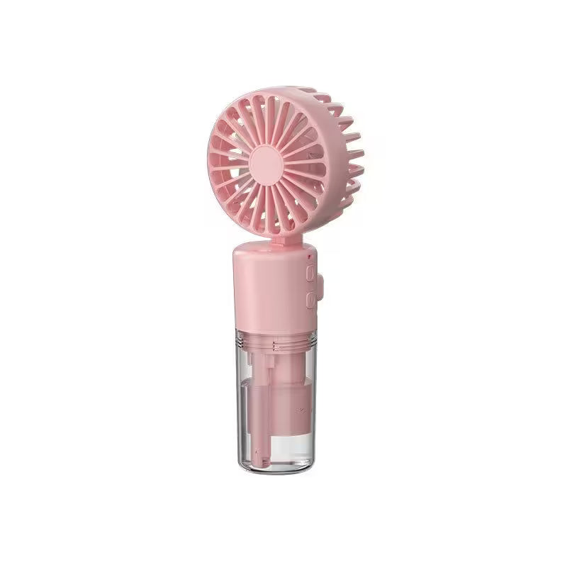 Pink handheld fan with clear base on a white background