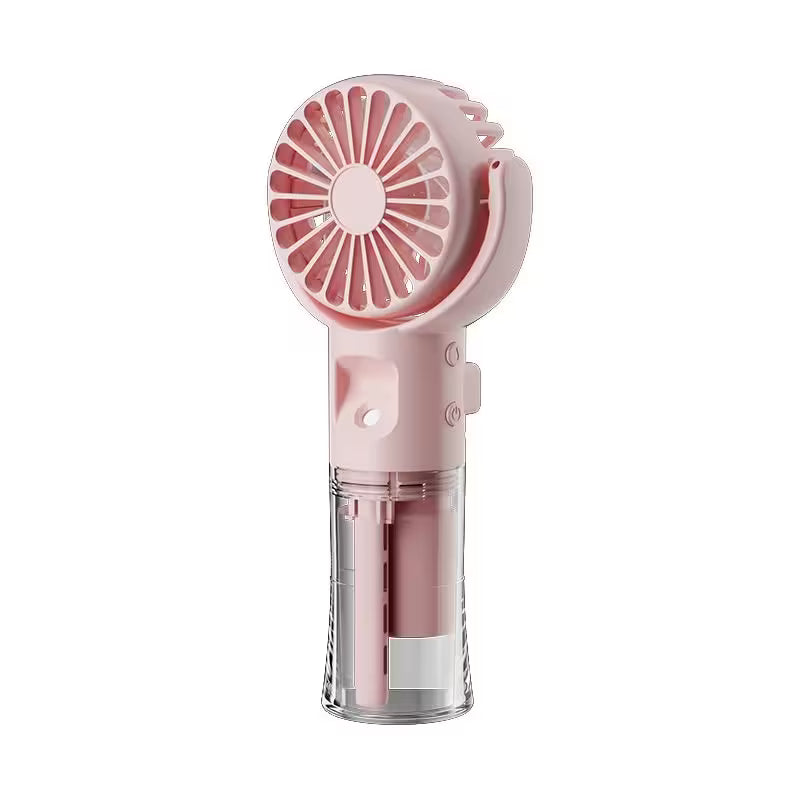 Pink handheld fan with transparent base on a white background