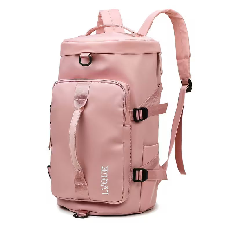 Pink backpack with straps on a white background