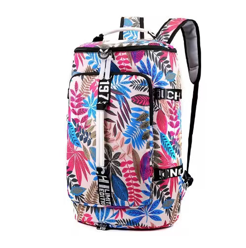 Backpack with colorful leaf pattern on a white background