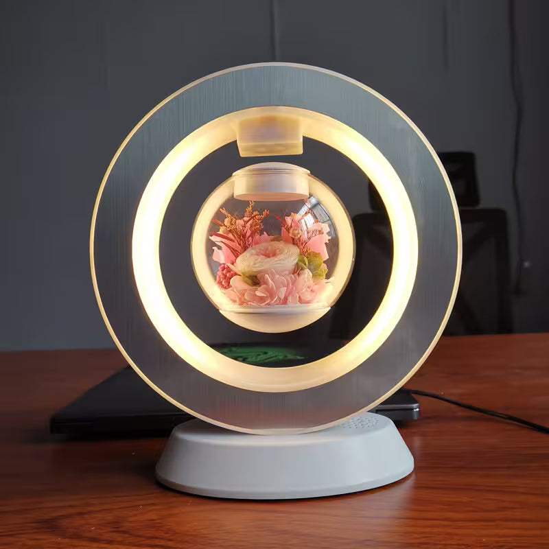Decorative lamp with a circular design on a wooden surface