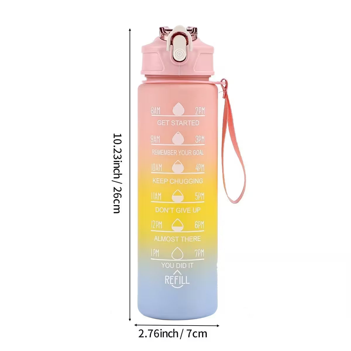 Gradient water bottle with motivational text and measurements on a white background