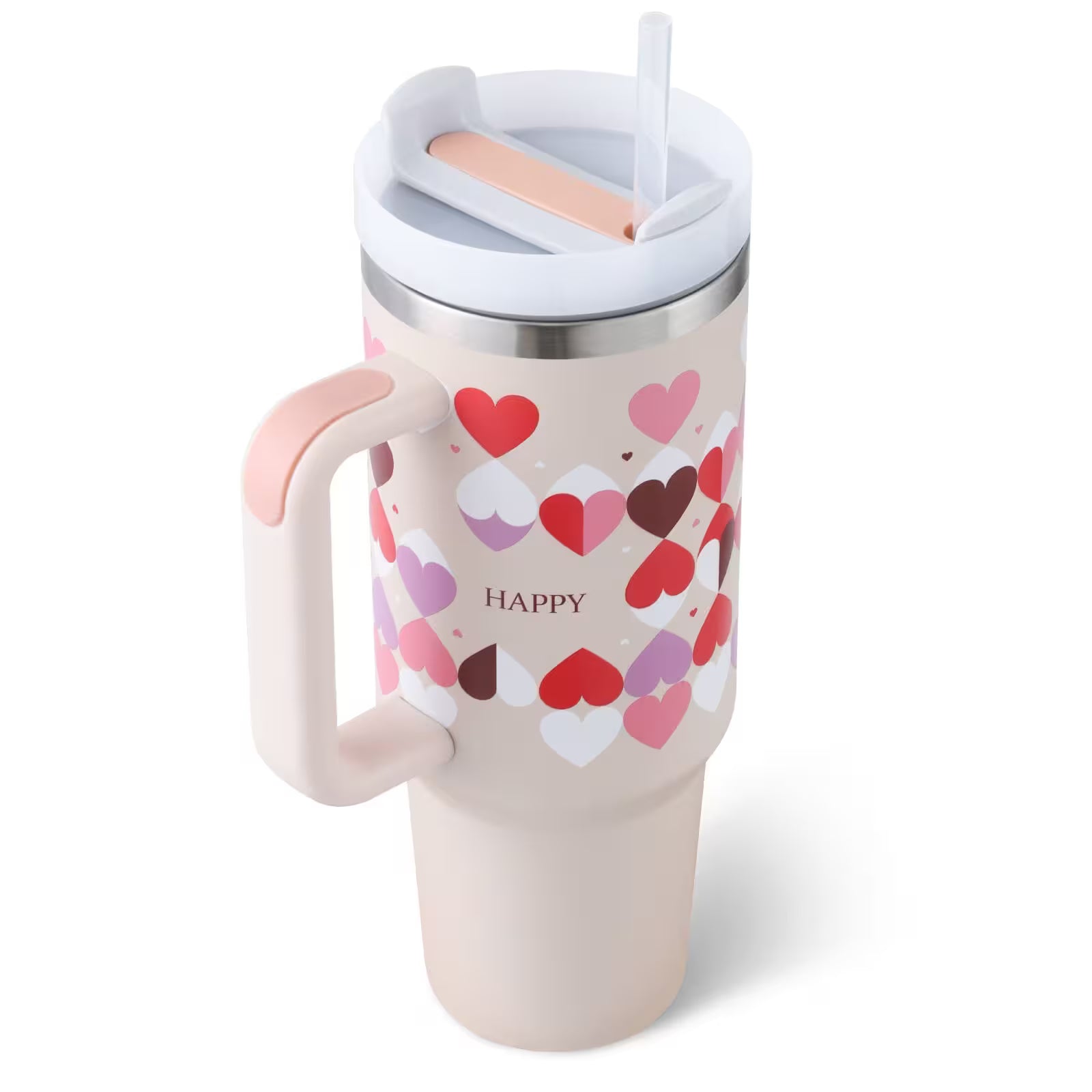 Travel mug with heart pattern and 'HAPPY' text on a white background