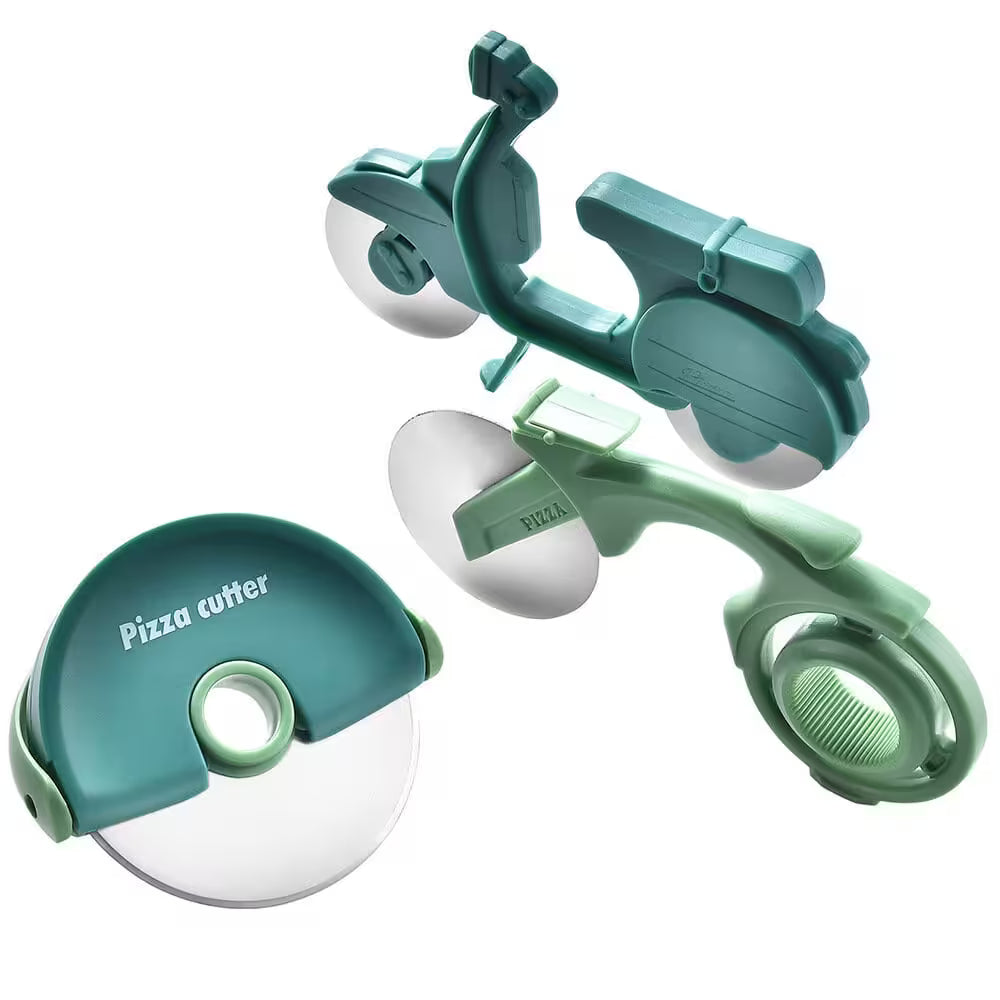 Green pizza cutter with scooter design on a white background