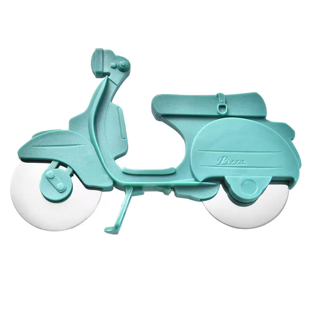 Turquoise pizza cutter shaped like a scooter on a white background