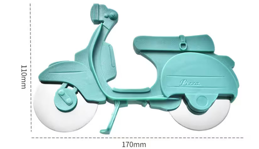 Turquoise scooter-shaped pizza cutter with dimensions on a white background