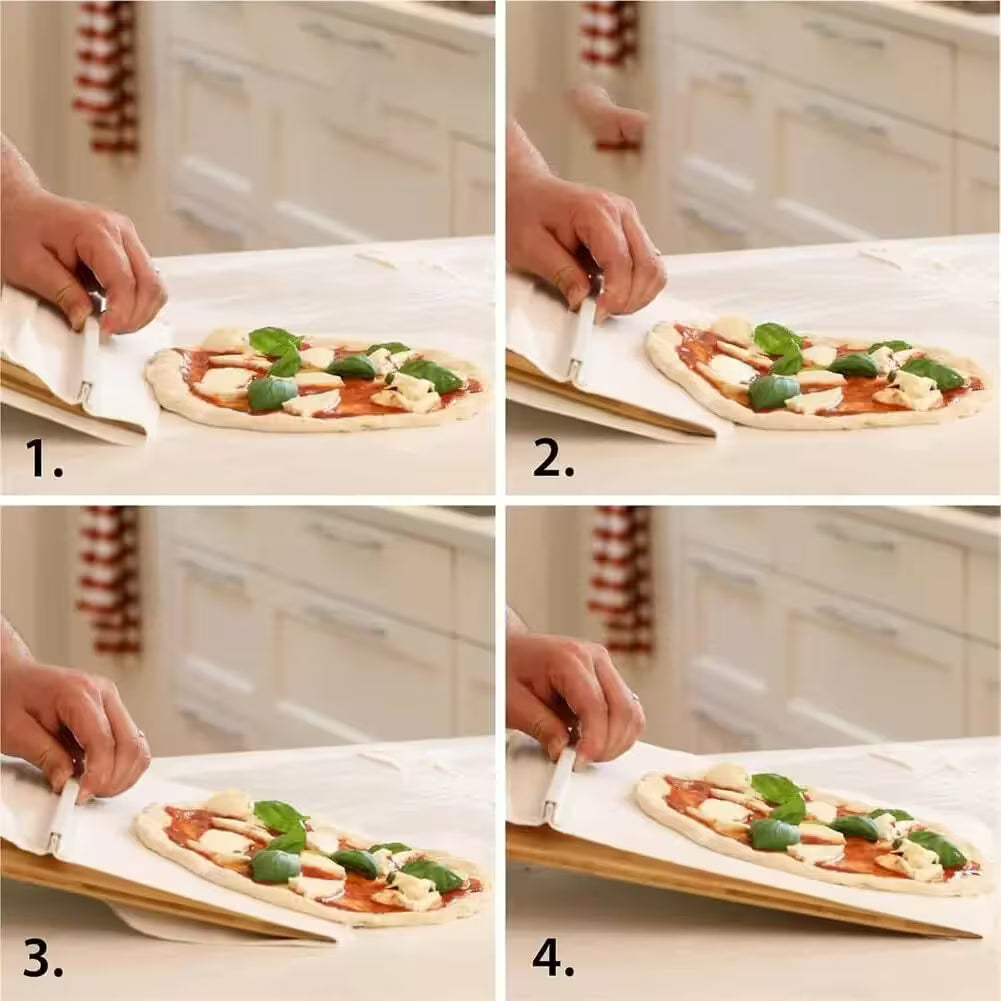 Step-by-step process of making a pizza with basil and cheese on a wooden board.