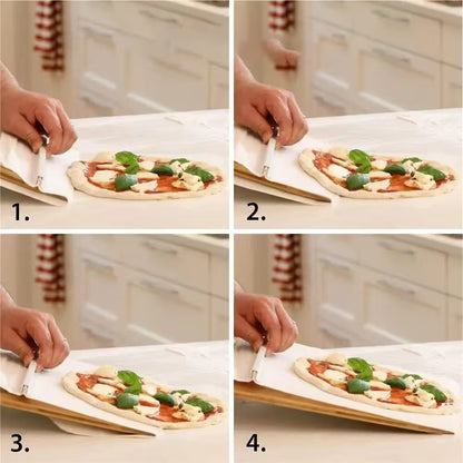 Step-by-step process of making a pizza with basil and cheese on a wooden board.