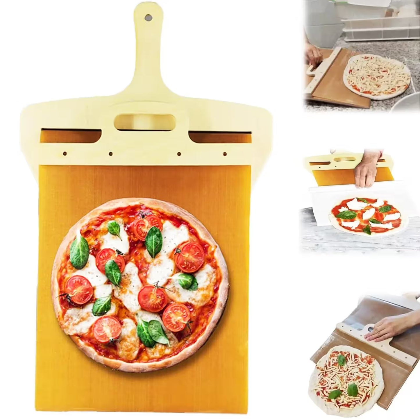 Wooden pizza peel with a pizza on a white background