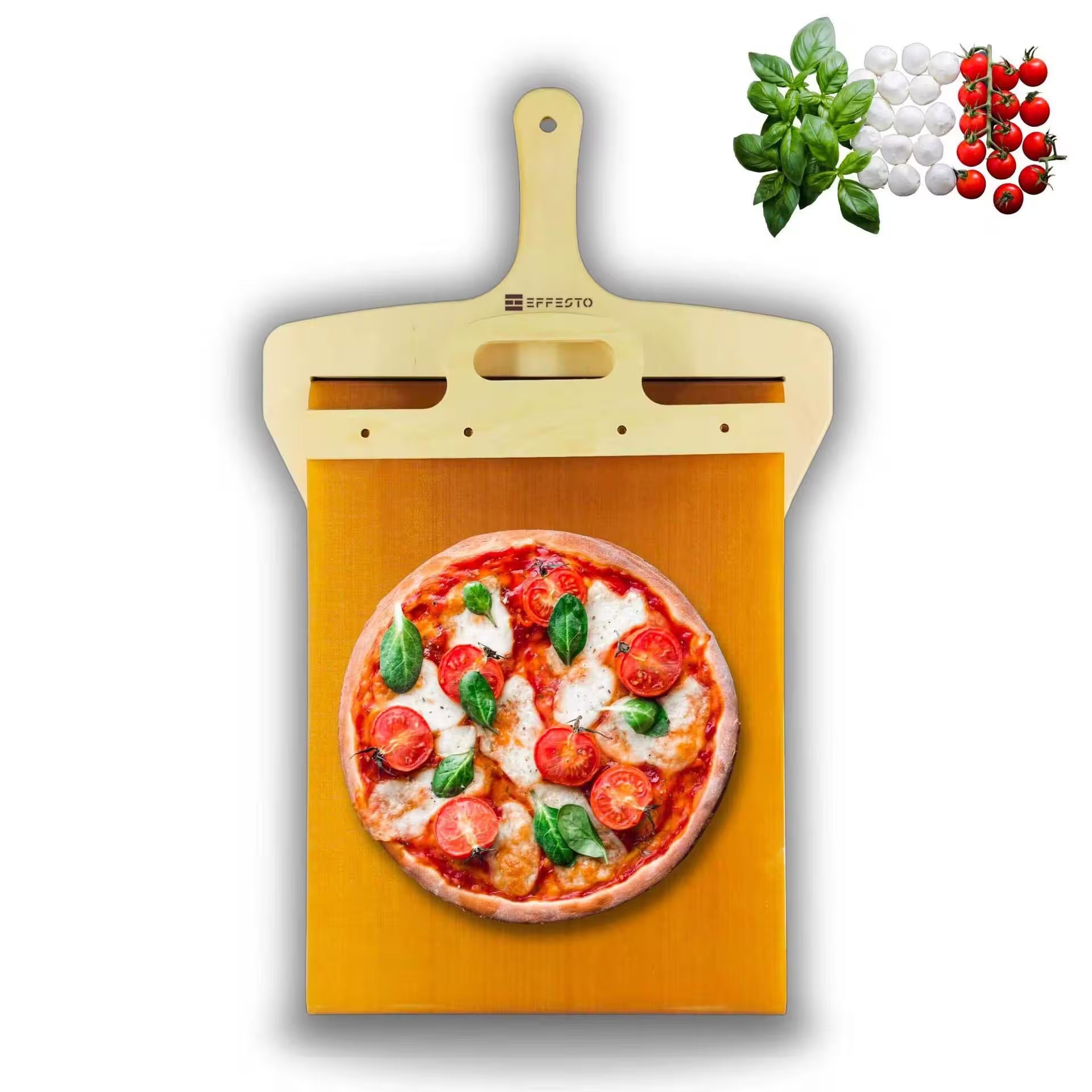 Wooden pizza peel with a pizza on a white background, accompanied by images of tomatoes, basil, and mozzarella.