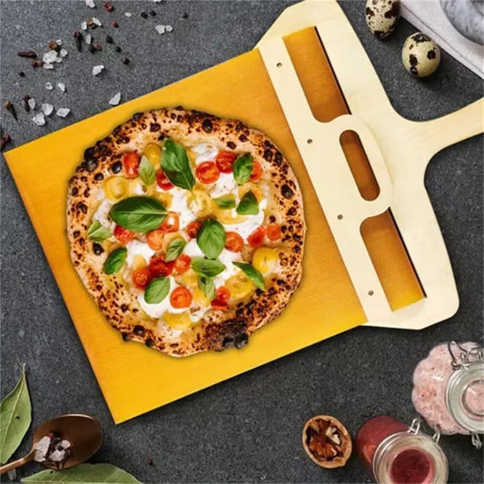 Pizza on a yellow stone with a wooden pizza peel on a dark surface