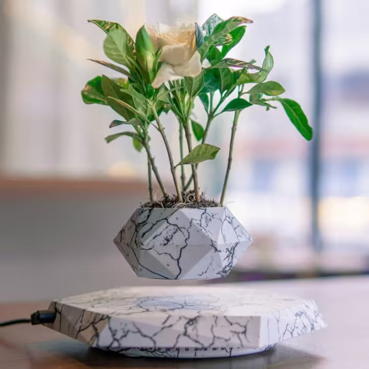 Levitating planter with marble design on a blurred background