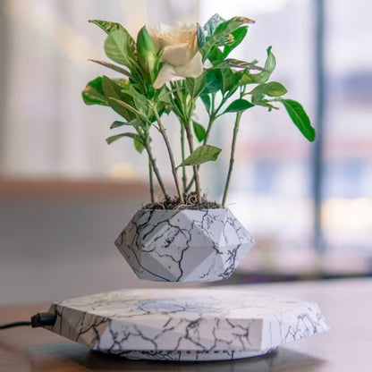 Levitating planter with marble design on a blurred background
