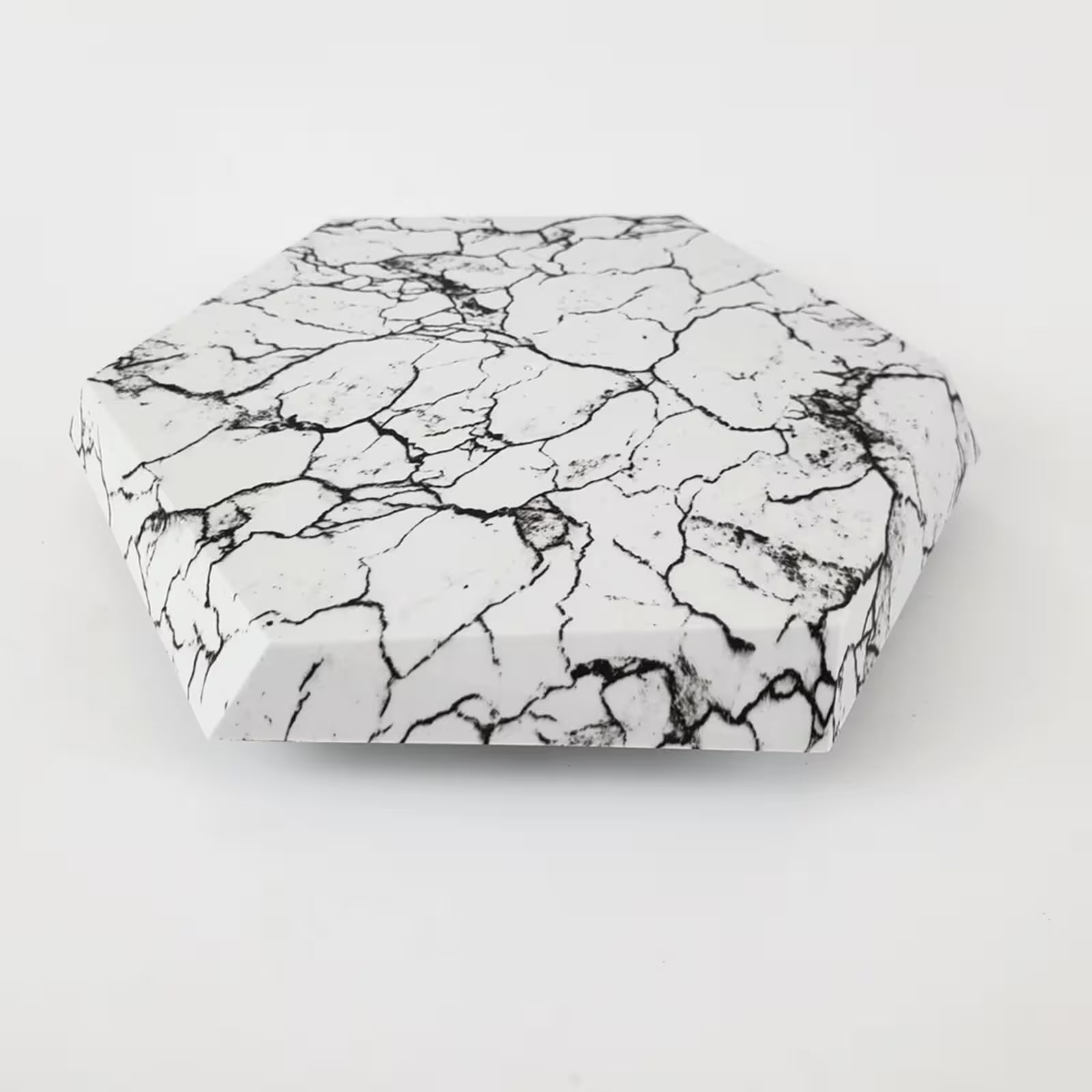 Hexagonal stone with black and white marbled pattern on a light gray background