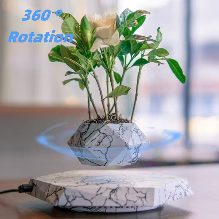 Levitating plant display with marble design on a blurred background