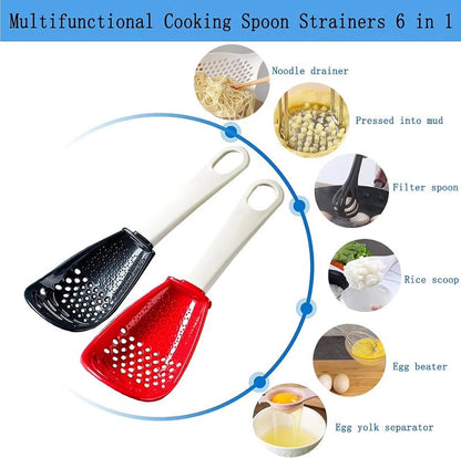 Multifunctional cooking spoon strainers with various uses shown on a white background