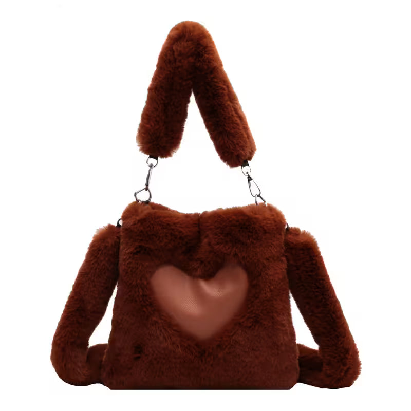 Brown fluffy handbag with a heart design on a white background