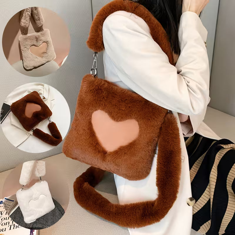 Brown fluffy bag with heart design held by a person, surrounded by close-up insets.