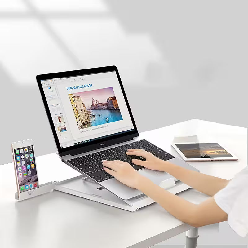 Portable Laptop Stand Adjustable Height | 9 Levels Multi-Angle Riser with Dual Phone Holders | Fits 10"–17" Laptops