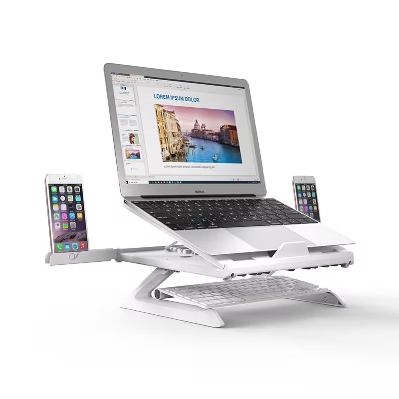 Portable Laptop Stand Adjustable Height | 9 Levels Multi-Angle Riser with Dual Phone Holders | Fits 10"–17" Laptops