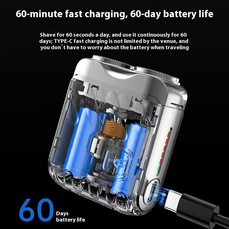 Portable Mini Electric Shaver for Men | Dual Ring Rotary Razor | IPX7 Waterproof | 60-Day Battery | USB-C Rechargeable Travel Shaver
