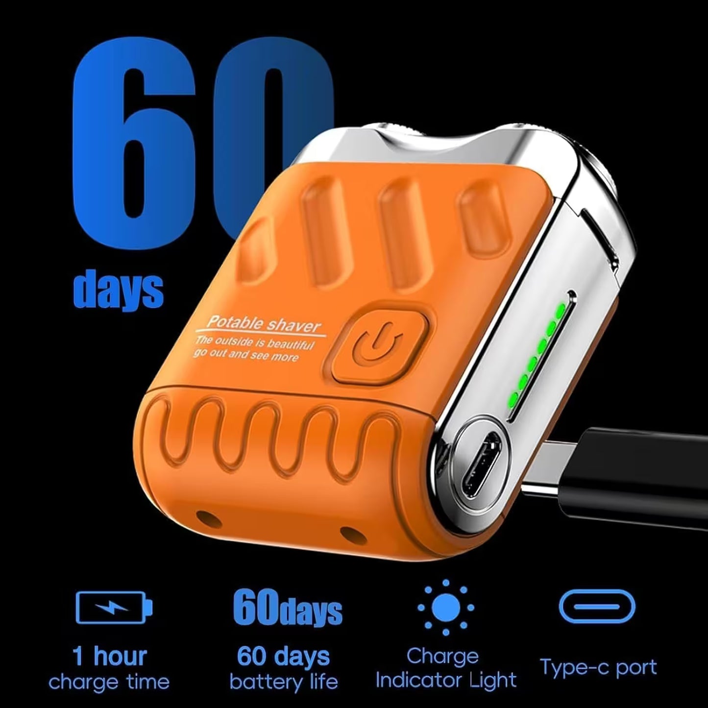 Portable Mini Electric Shaver for Men | Dual Ring Rotary Razor | IPX7 Waterproof | 60-Day Battery | USB-C Rechargeable Travel Shaver