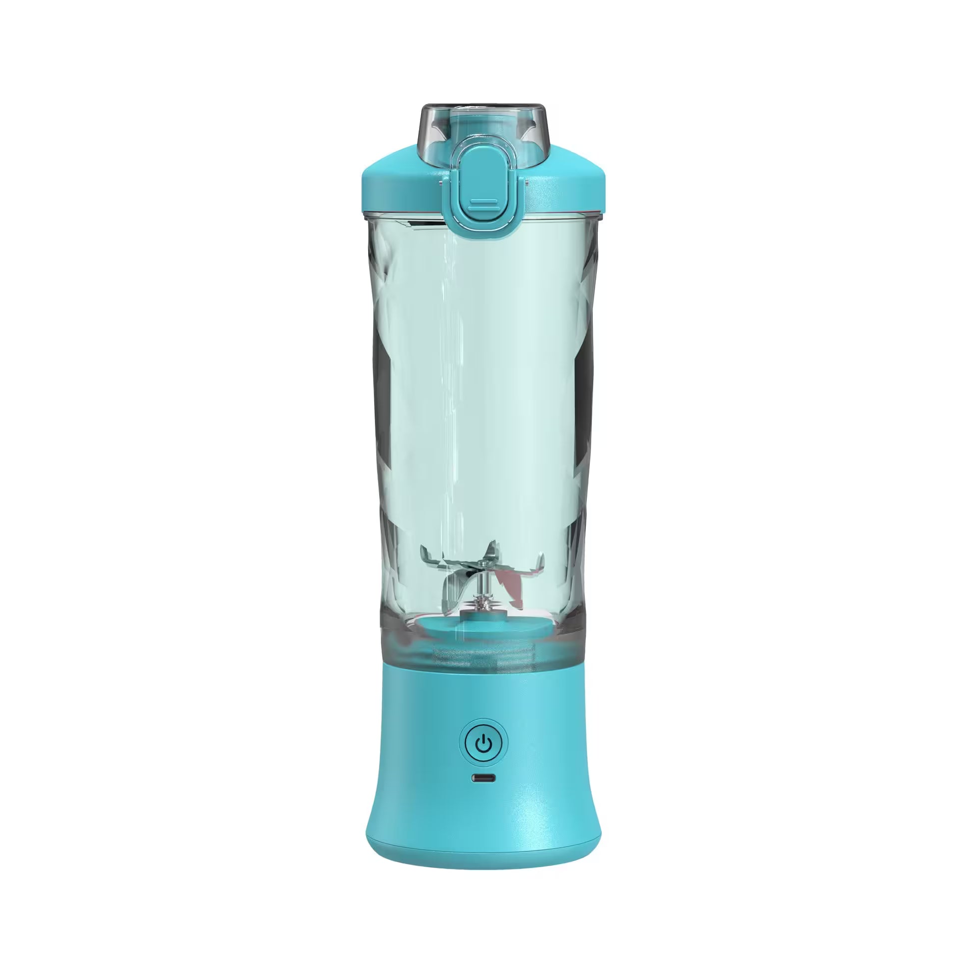 Turquoise portable blender on a white background