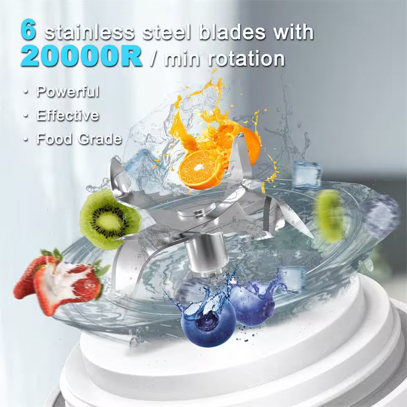Stainless steel blades with fruit and water splash, highlighting speed and effectiveness.