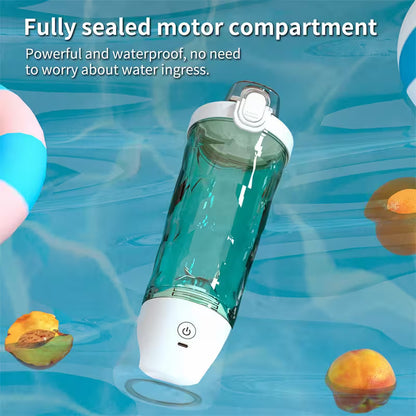 Teal and white water bottle with pump submerged in water, surrounded by pool toys.