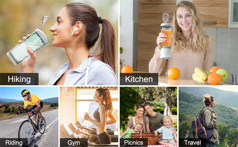 Collage of people using a water bottle in various settings like hiking, kitchen, gym, riding, picnics, and travel.