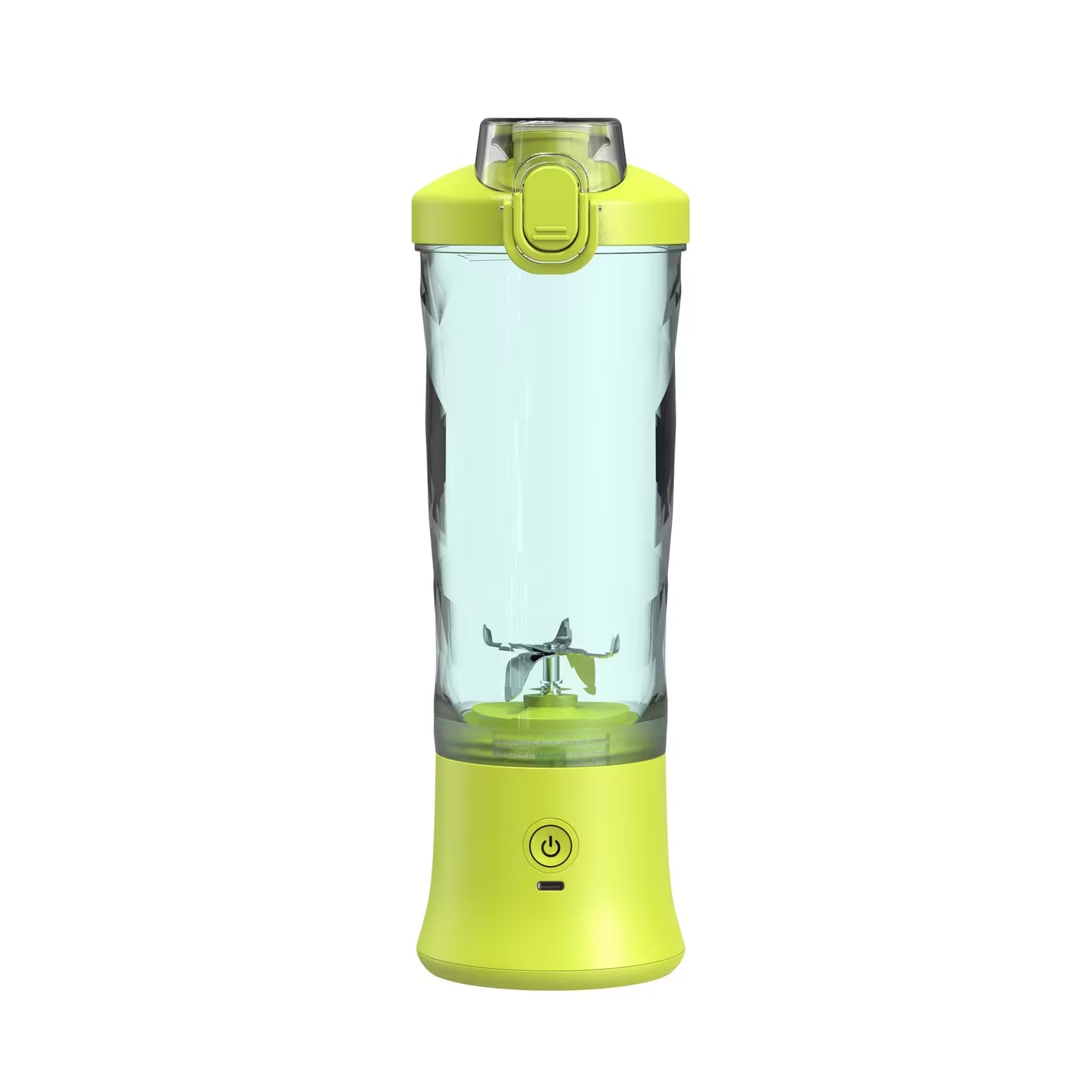 Portable blender with a clear container and green base on a white background