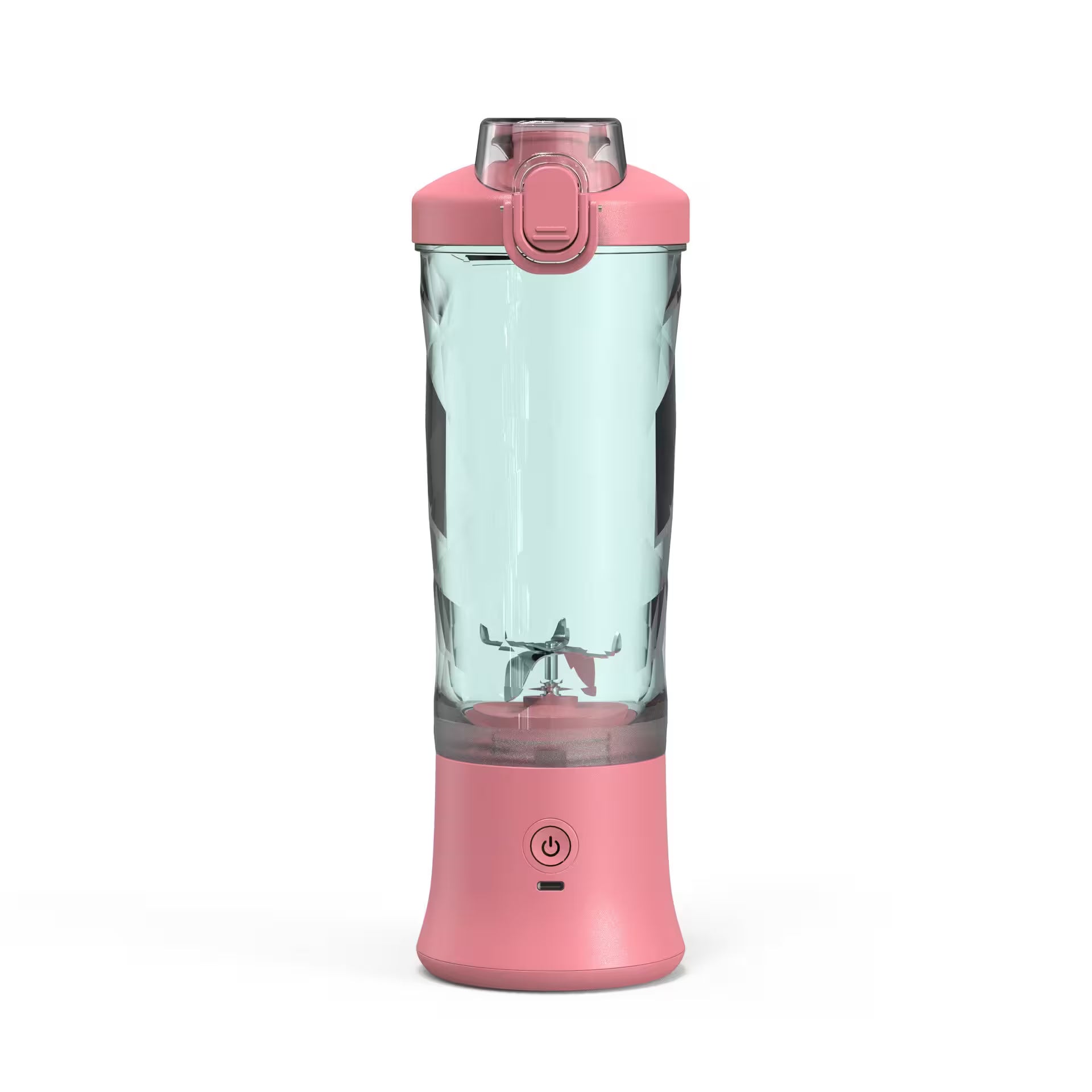 Pink portable blender with clear container on a white background