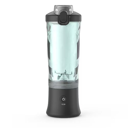 Black portable blender with a clear container on a white background