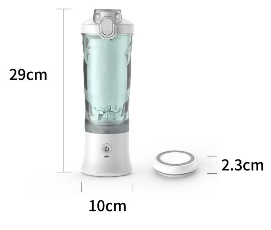 Portable blender with dimensions labeled on a white background