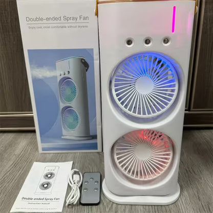 Double-ended spray fan with packaging, remote control, and instruction manual on a wooden surface.