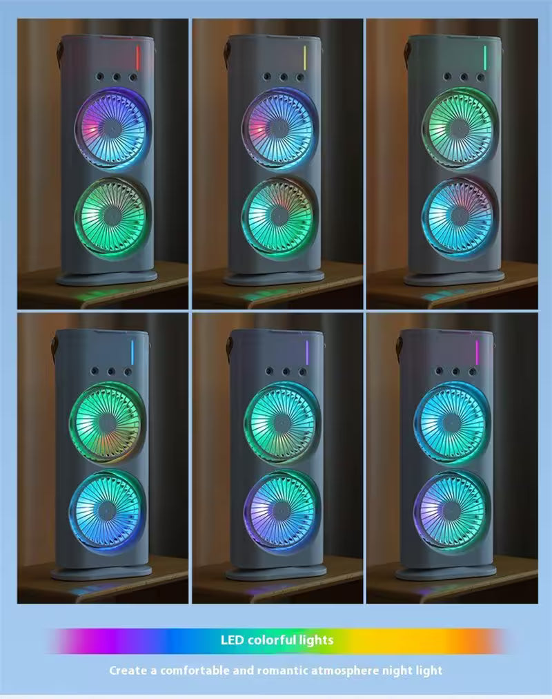 Multicolored LED lights on a cylindrical device with a gradient color bar and text.