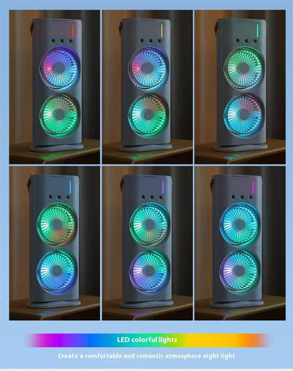 Multicolored LED lights on a cylindrical device with a gradient color bar and text.